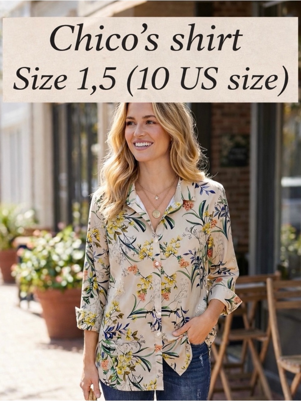 Chico's Cream Floral Button-Down Shirt